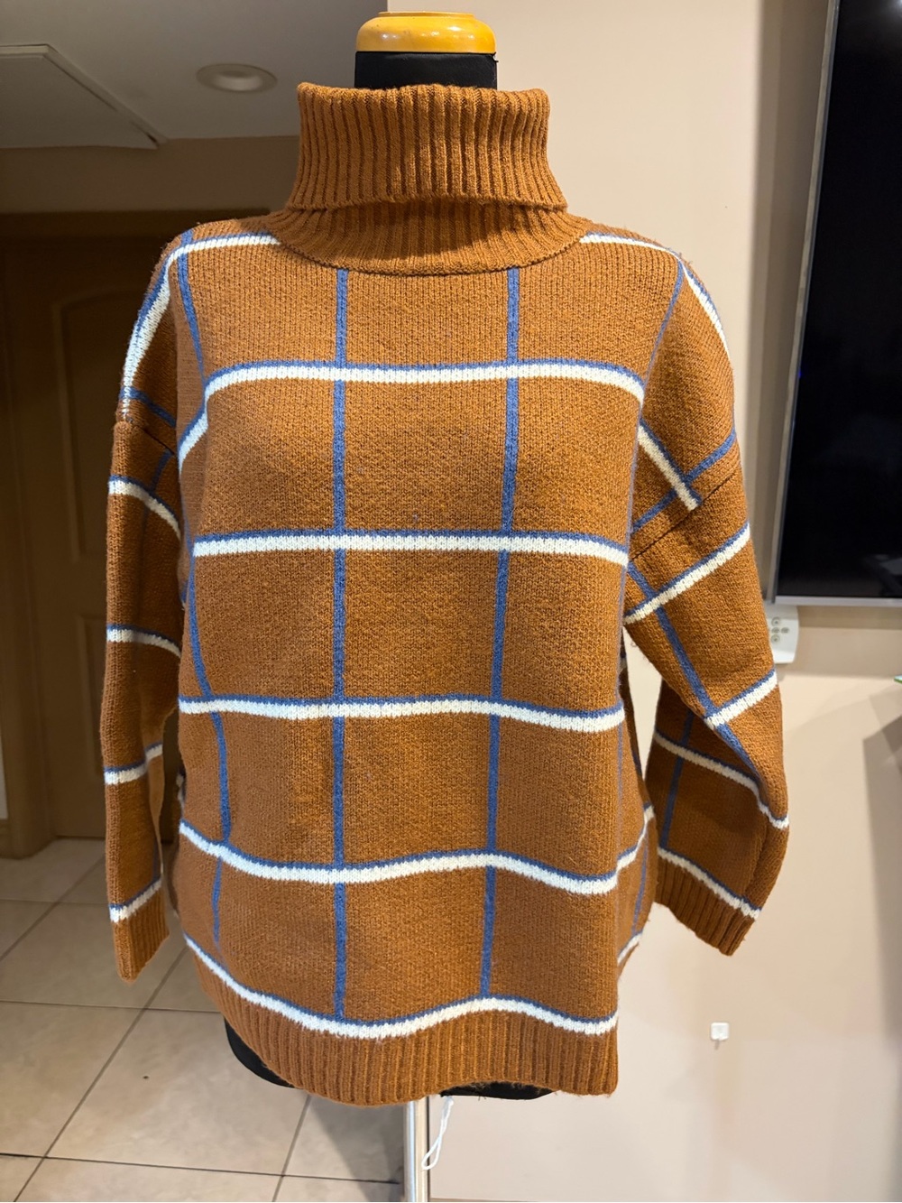 J.O.A. Camel Windowpane Turtleneck Sweater with Blue and White Lines